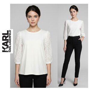 KARL LAGERFELD PARIS, White eyelet sleeve top